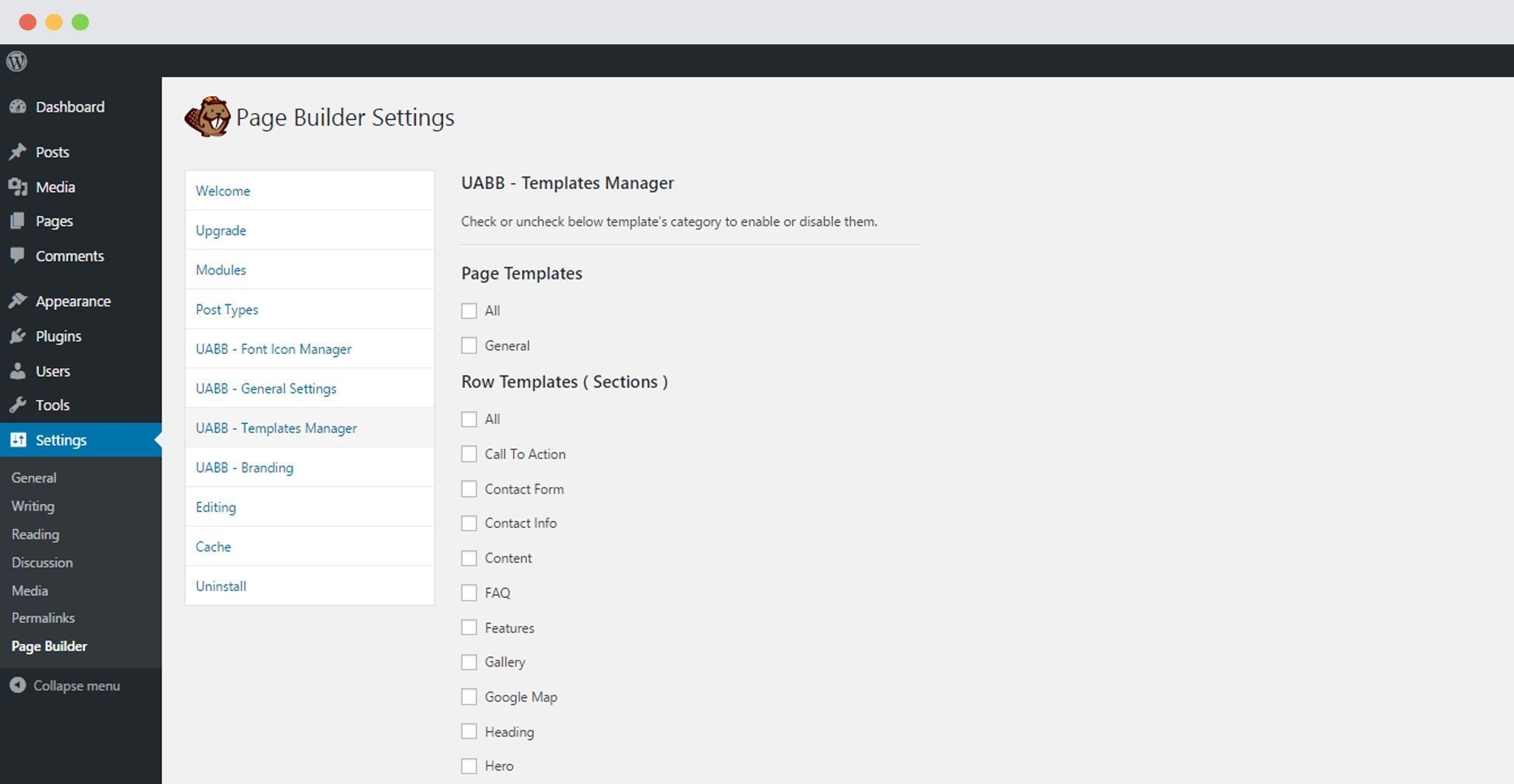 Enable or Disable UABB Templates